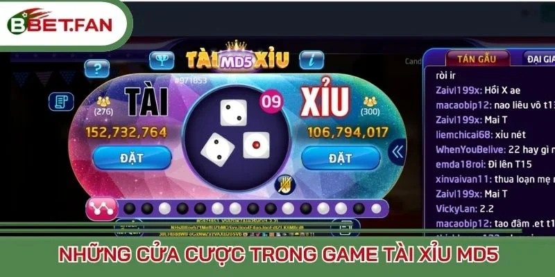 Những cửa cược trong game Tài xỉu MD5
