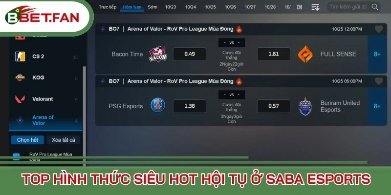 Top thể loại cược có ở SABA Esports